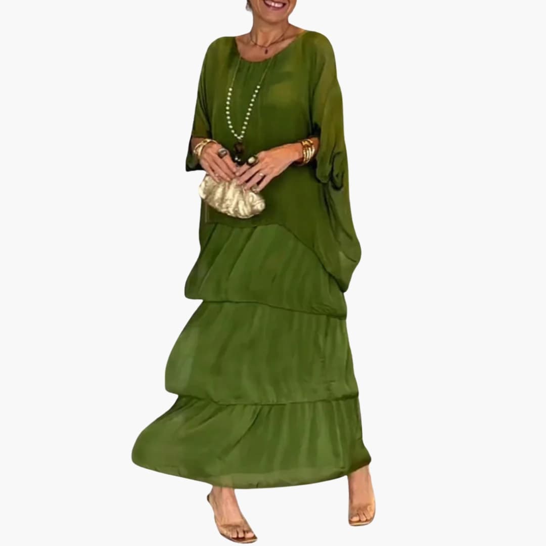 Bavane | Womens Maxi Dress with Round Neck and Smocked Sleeves