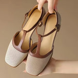 Women's Mid Heel Shoes with T Strap and Perforated Upper