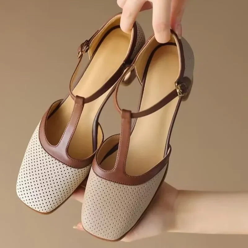 Women's Mid Heel Shoes with T Strap and Perforated Upper
