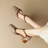 Women's Mid Heel Shoes with T Strap and Perforated Upper