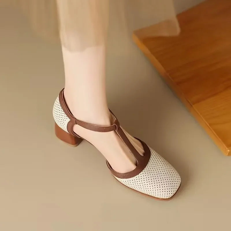 Bavane | Women's Mid Heel Shoes with T Strap and Perforated Upper