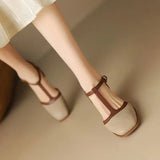 Women's Mid Heel Shoes with T Strap and Perforated Upper