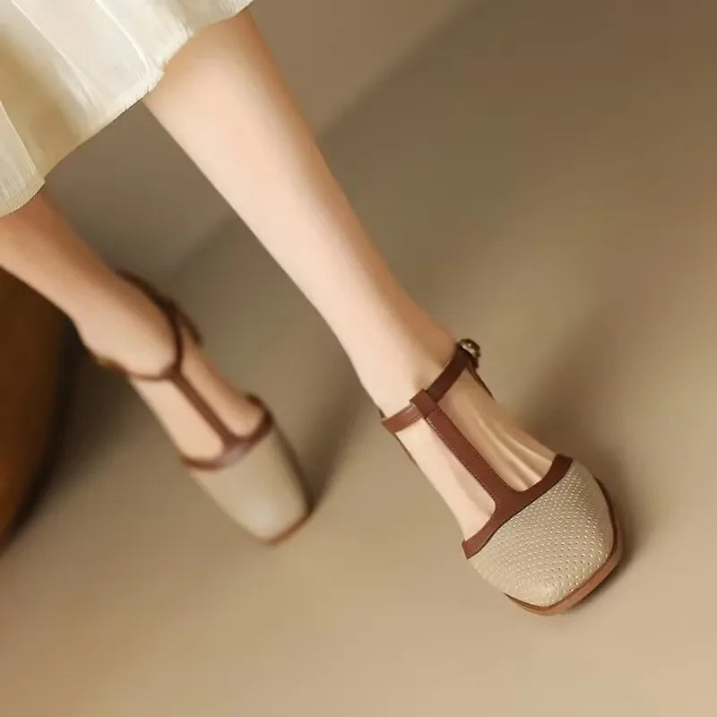 Women's Mid Heel Shoes with T Strap and Perforated Upper