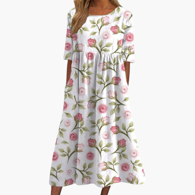 Women's Midi Dress with Embroidery and Relaxed Fit