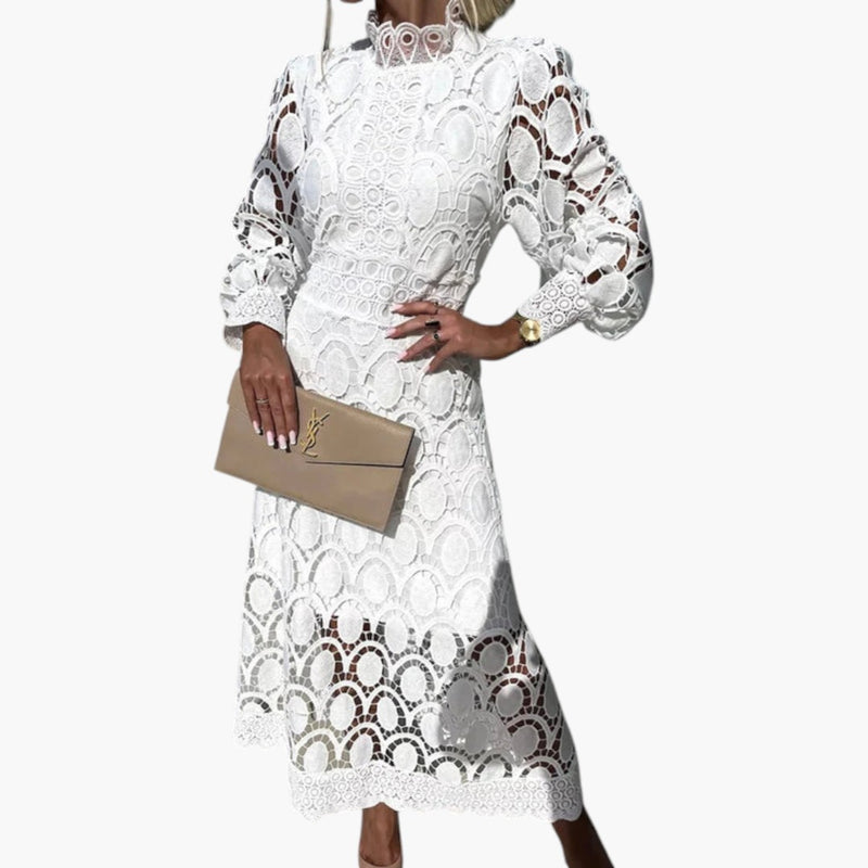 Women's Midi Dress with Lace Detailing and Structured Waist