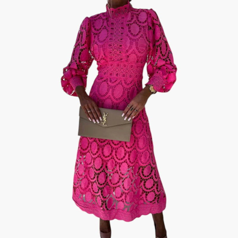 Women's Midi Dress with Lace Detailing and Structured Waist
