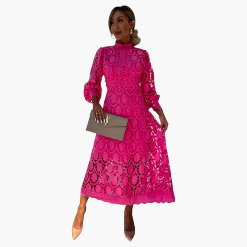 Women's Midi Dress with Lace Detailing and Structured Waist