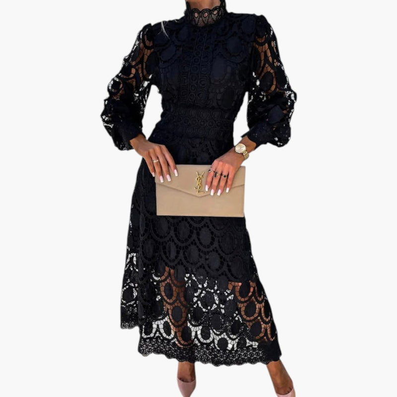 Women's Midi Dress with Lace Detailing and Structured Waist