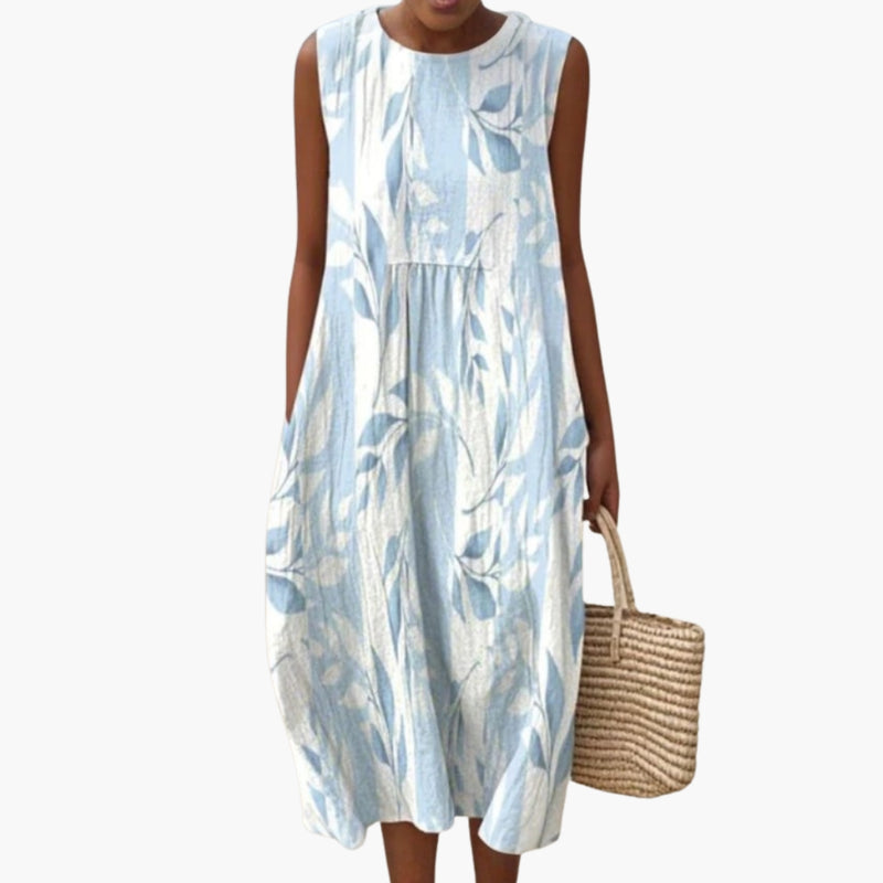 Women's Midi Dress with Sleeveless Design and Leaf Pattern