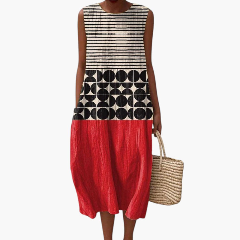 Women's Midi Dress with Round Neckline and Sleeveless Design