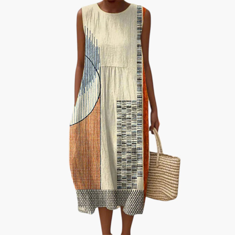 Women's Midi Dress with Sleeveless Design and Side Pockets