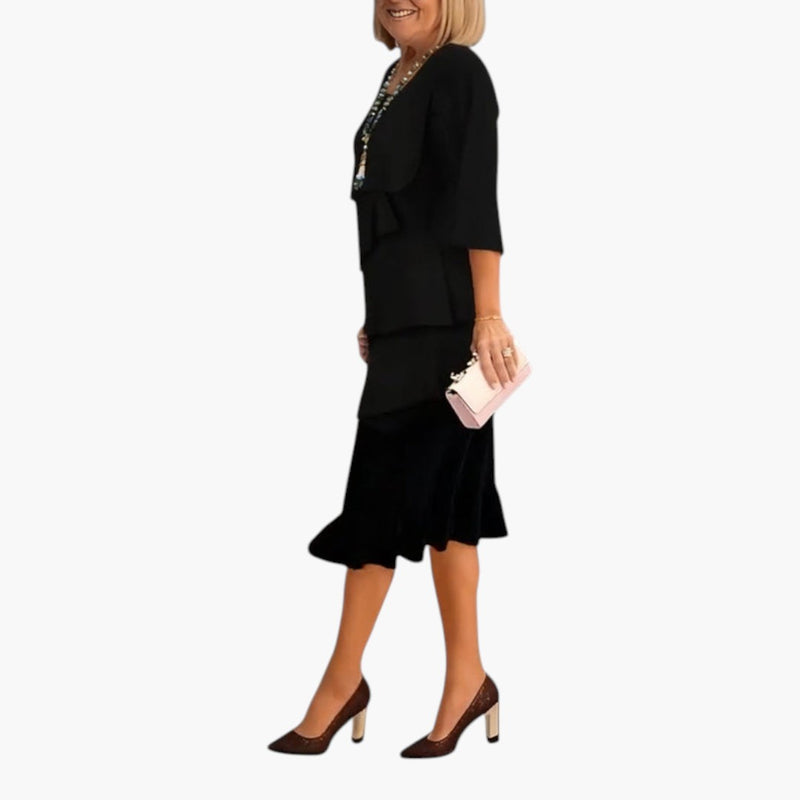Women's Midi Dress with Split Sleeves and Ruffle Details