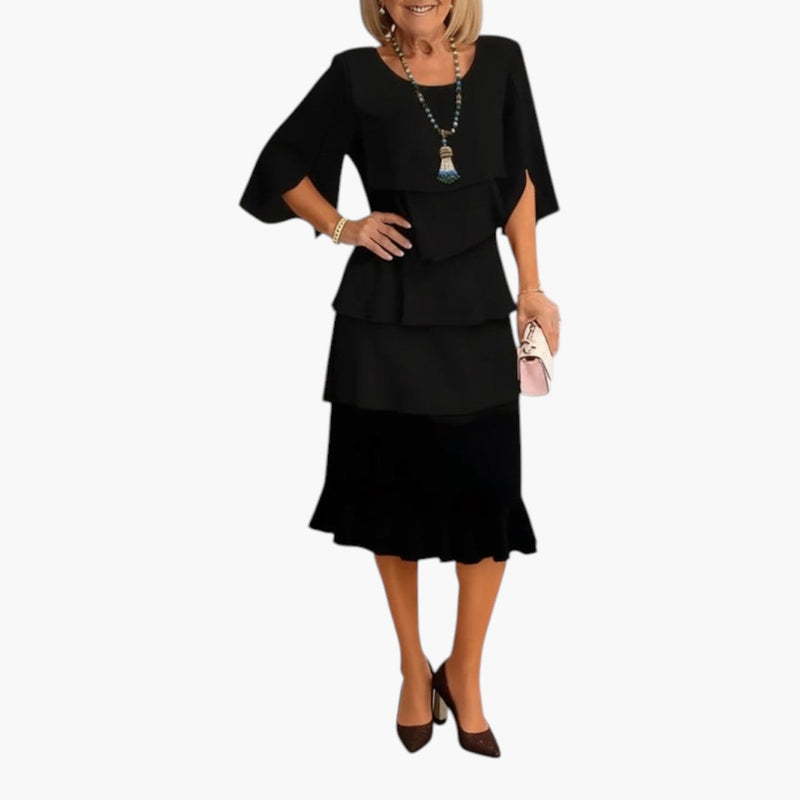 Women's Midi Dress with Split Sleeves and Ruffle Details