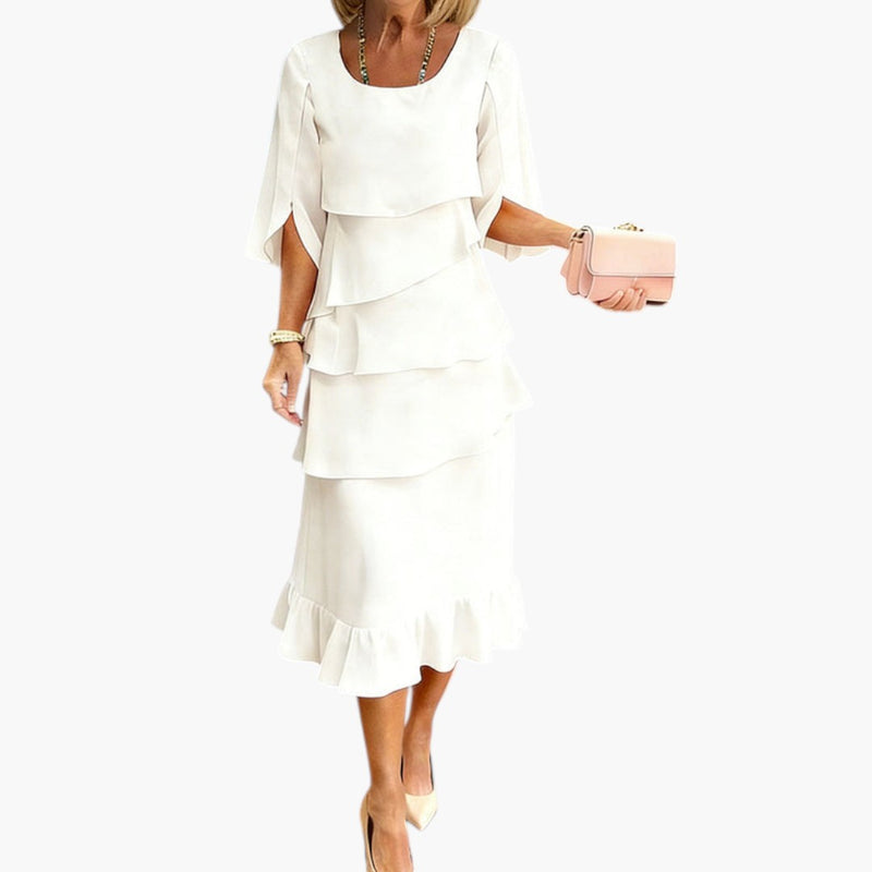 Women's Midi Dress with Split Sleeves and Ruffle Details
