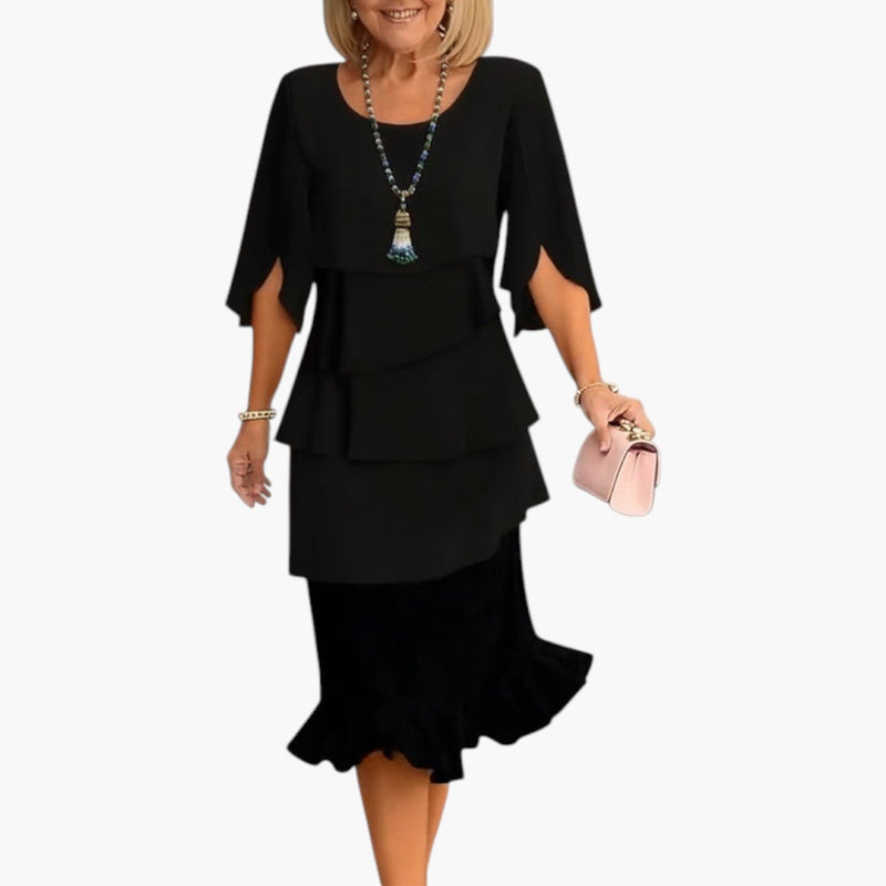 Women's Midi Dress with Split Sleeves and Ruffle Details