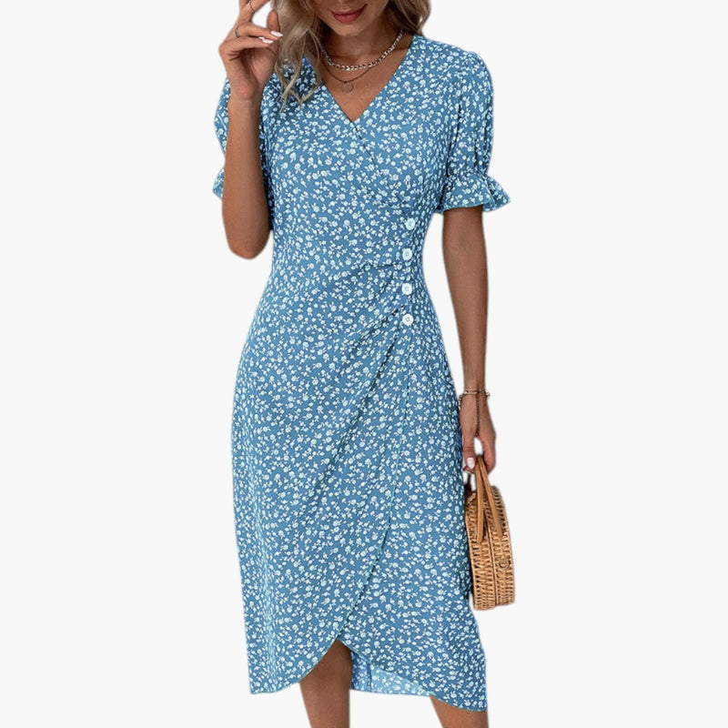 Women's Midi Dress with V-Neck and Floral Pattern