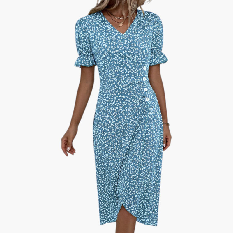 Women's Midi Dress with V-Neck and Floral Pattern