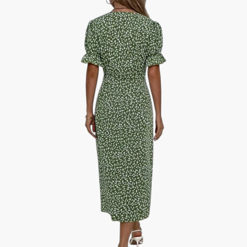 Women's Midi Dress with V-Neck and Floral Pattern
