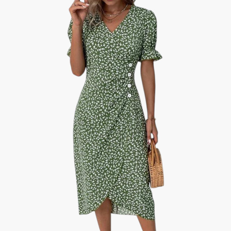 Women's Midi Dress with V-Neck and Floral Pattern