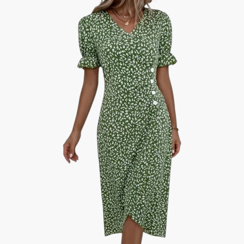 Women's Midi Dress with V-Neck and Floral Pattern