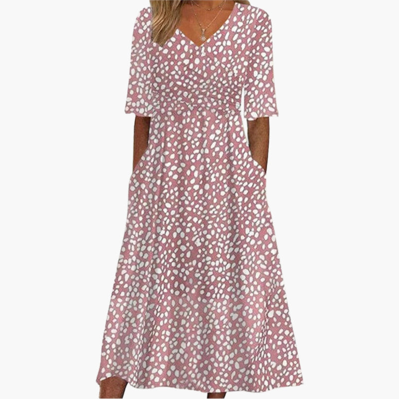 Women's Midi Dress with V Neckline and Polka Pattern
