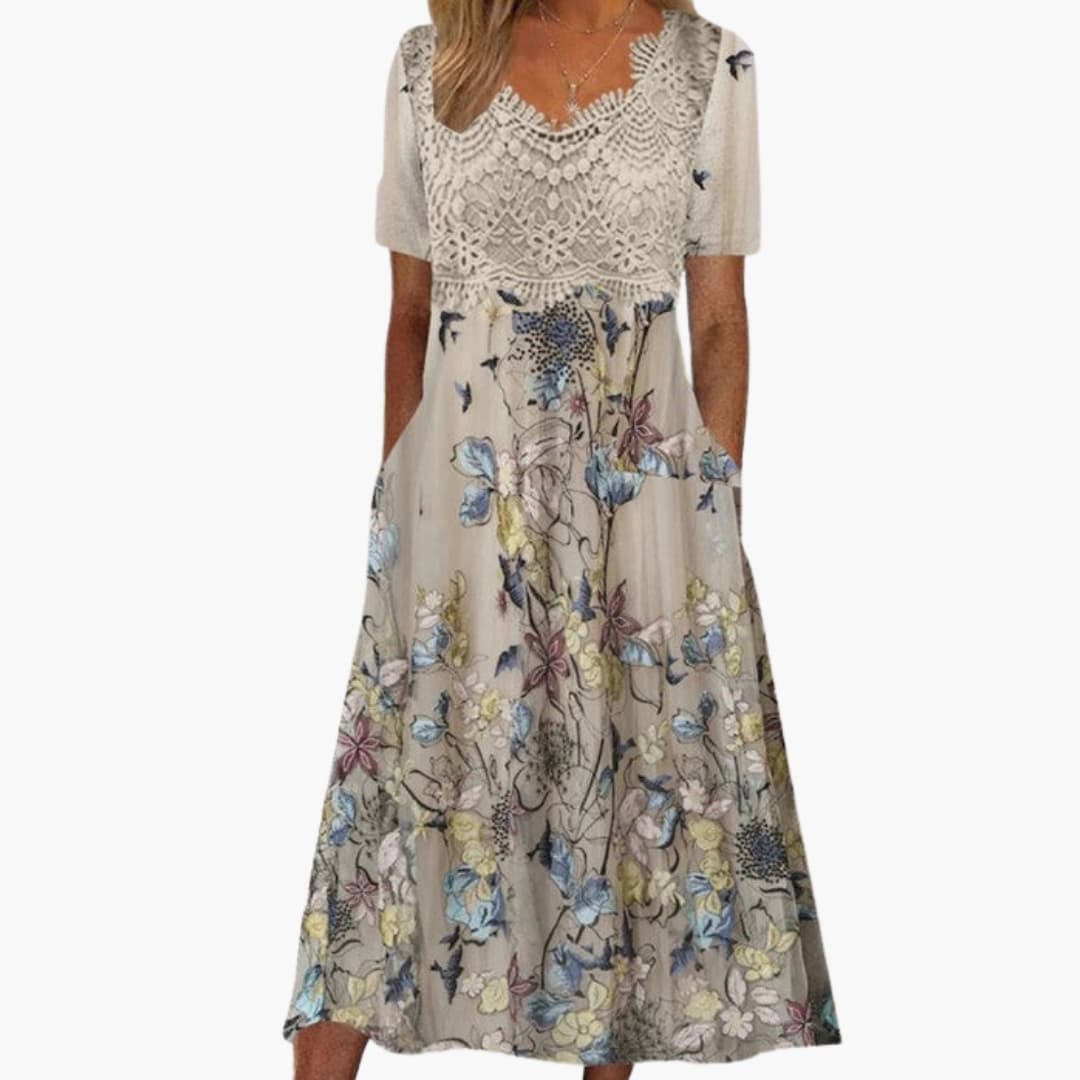Women's Midi Dress with V Neckline and Lace Detail