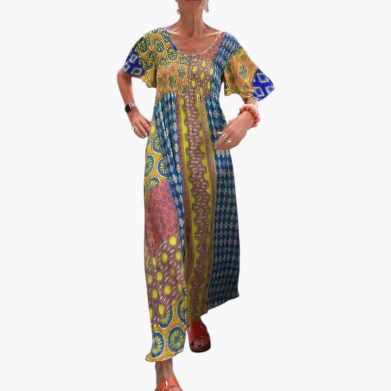 Women's Midi Dress with V Neckline and Short Sleeves