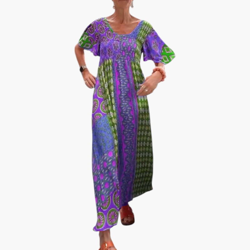 Women's Midi Dress with V Neckline and Short Sleeves