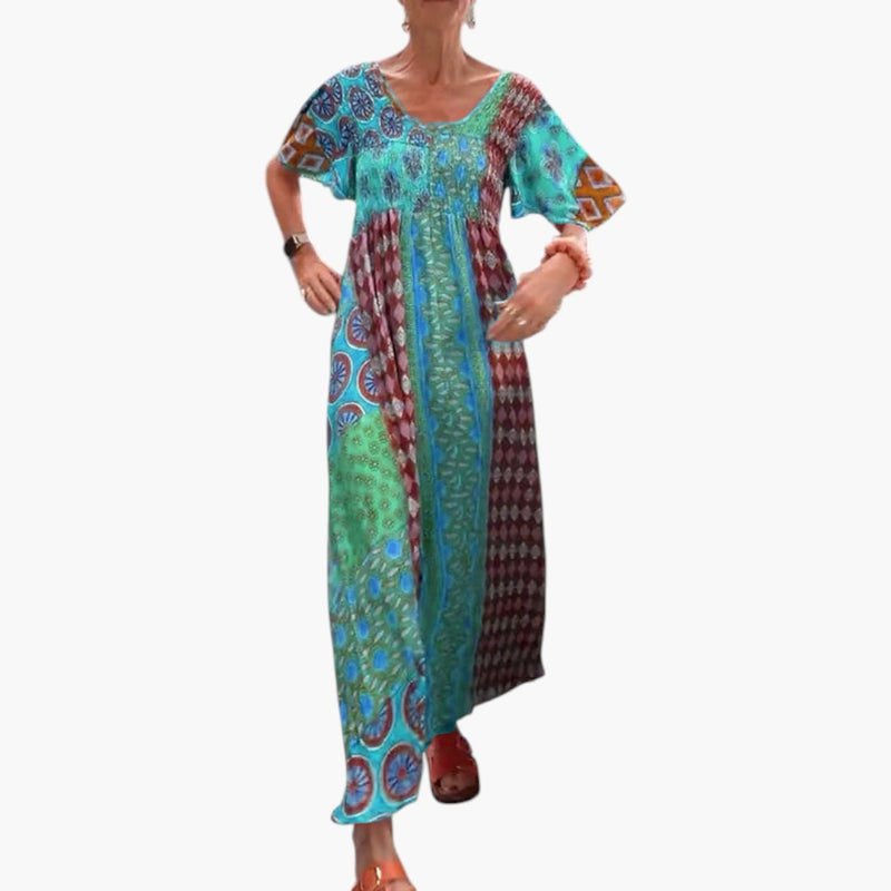 Women's Midi Dress with V Neckline and Short Sleeves