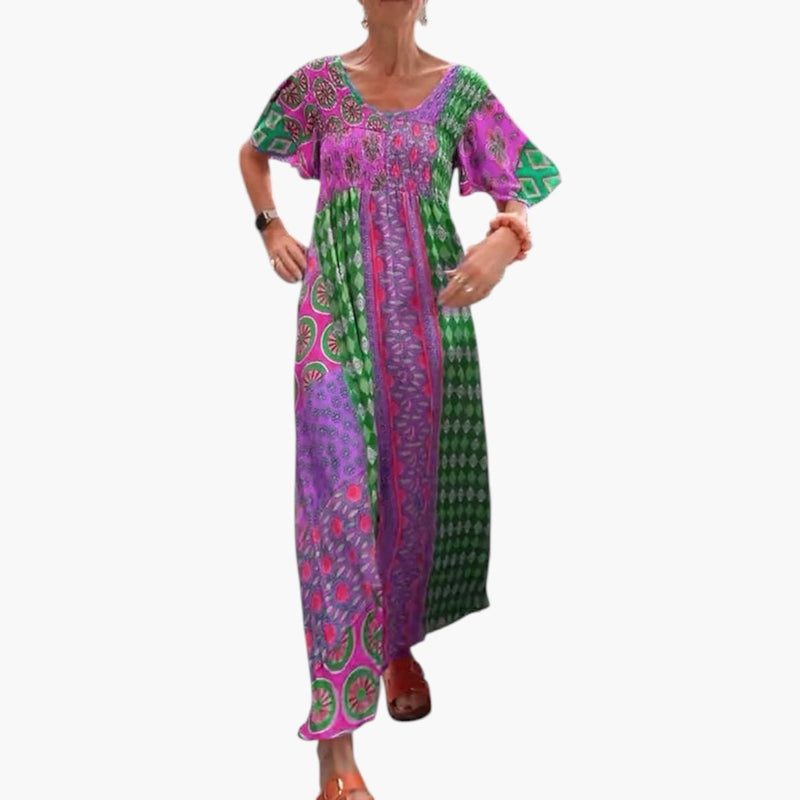 Women's Midi Dress with V Neckline and Short Sleeves
