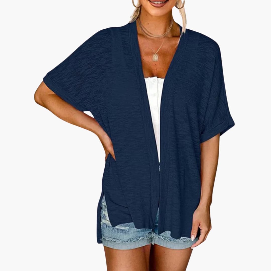 Women's Open Front Cardigan with Short Sleeves and Extended Length