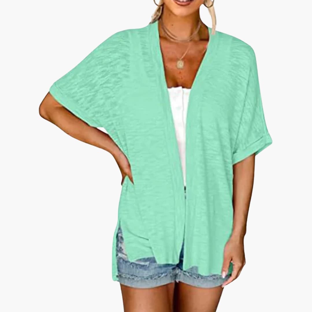 Women's Open Front Cardigan with Short Sleeves and Extended Length