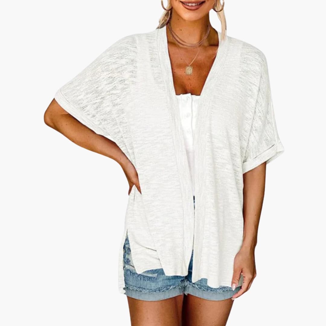 Women's Open Front Cardigan with Short Sleeves and Extended Length