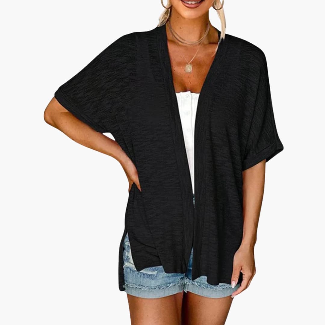 Women's Open Front Cardigan with Short Sleeves and Extended Length
