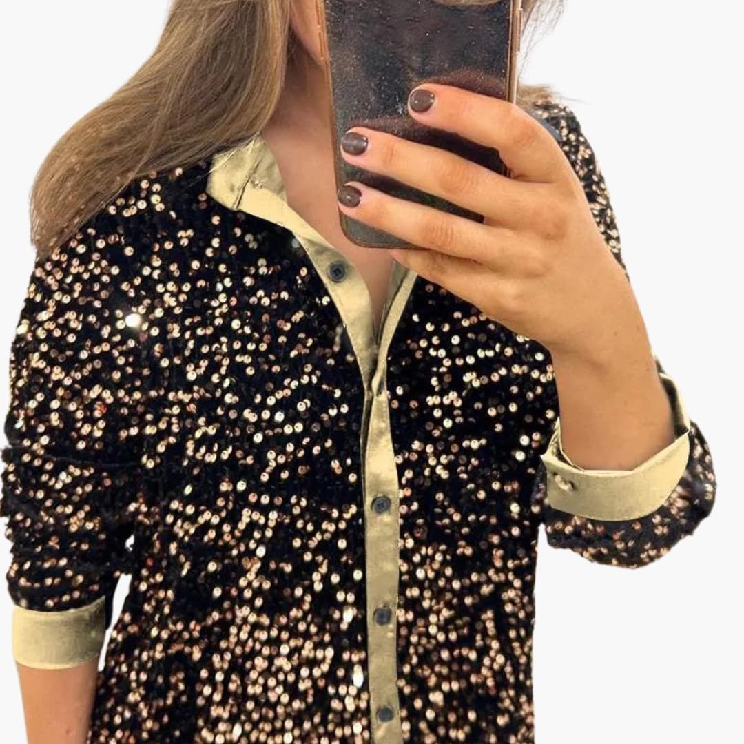 Women's Sequin Shirt with Collared Neckline and Button-Up Closure