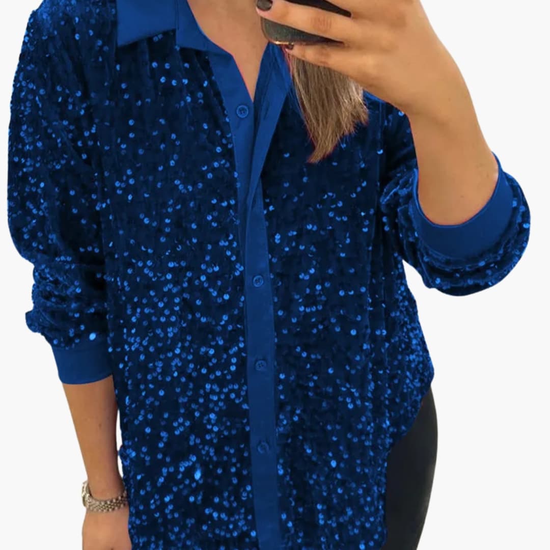 Women's Sequin Shirt with Collared Neckline and Button-Up Closure