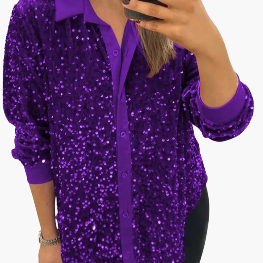 Women's Sequin Shirt with Collared Neckline and Button-Up Closure