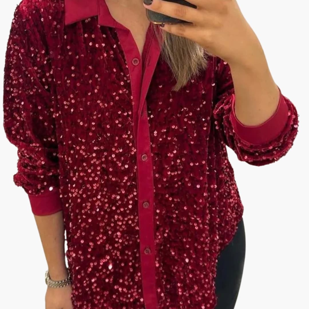 Women's Sequin Shirt with Collared Neckline and Button-Up Closure