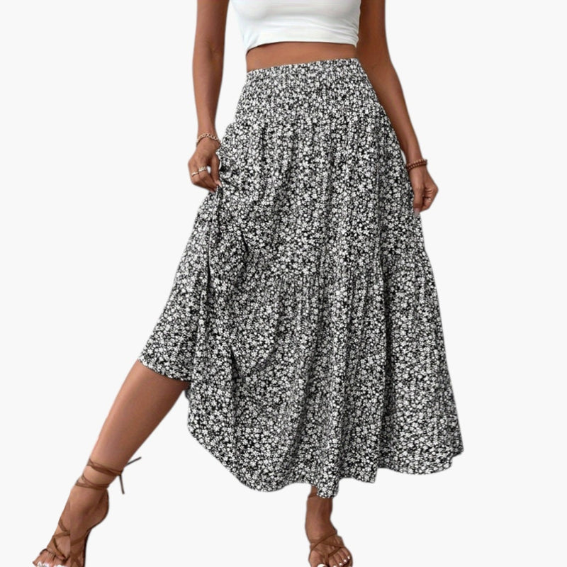 Women's Skirt with Elastic Waistband and Floral Pattern