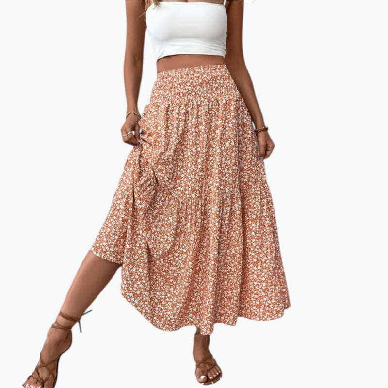Women's Skirt with Elastic Waistband and Floral Pattern