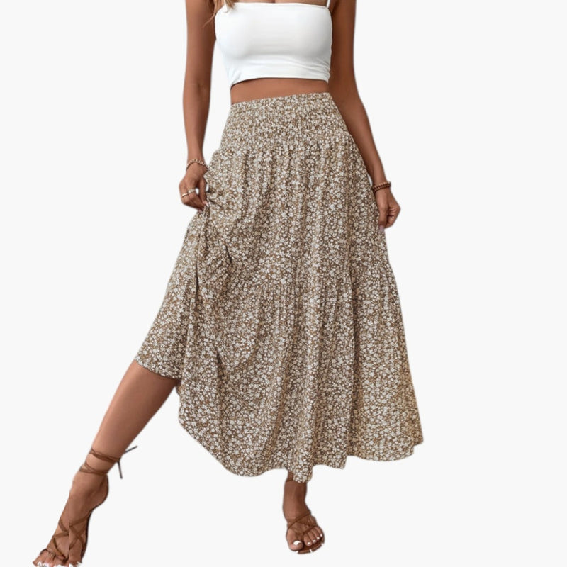 Women's Skirt with Elastic Waistband and Floral Pattern