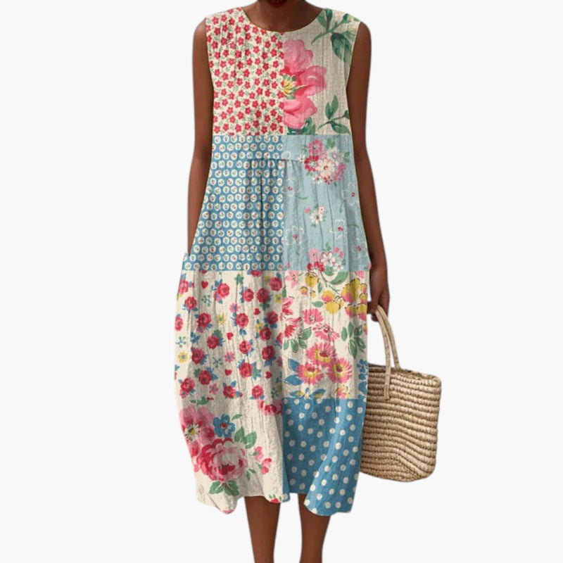 Women's Sleeveless Linen Blend Dress with Round Neck and Loose Fit