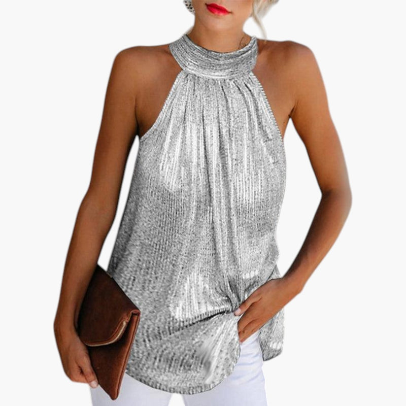 Women's Sleeveless Top with Halter Neckline and Fitted Waist