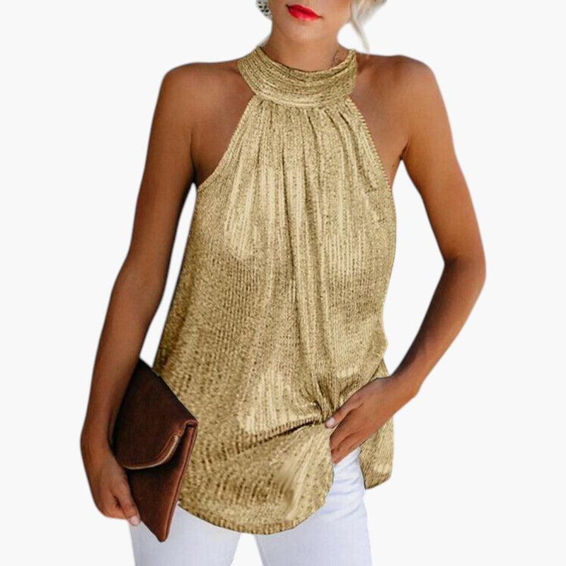 Women's Sleeveless Top with Halter Neckline and Fitted Waist