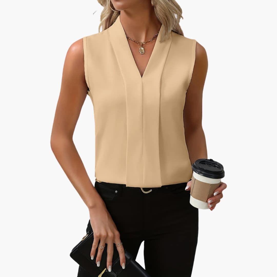 Women's Sleeveless Top with Round Neckline and Plain Surface
