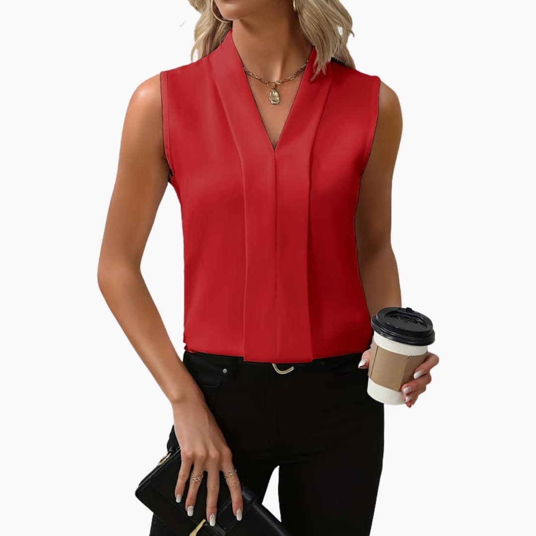 Women's Sleeveless Top with Round Neckline and Plain Surface