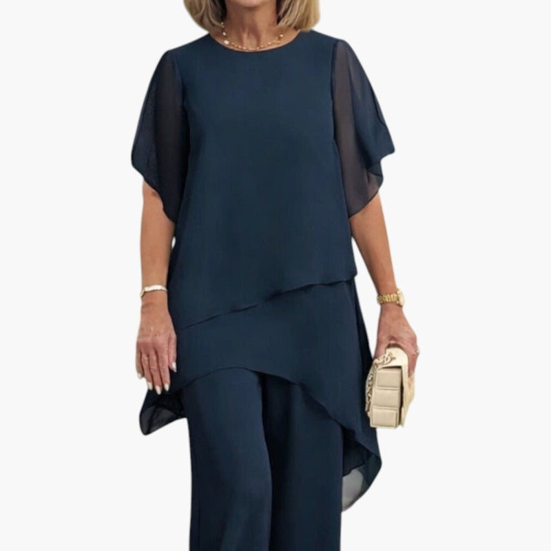 Women's Top and Trousers Set with Asymmetric Hem and Wide Legs