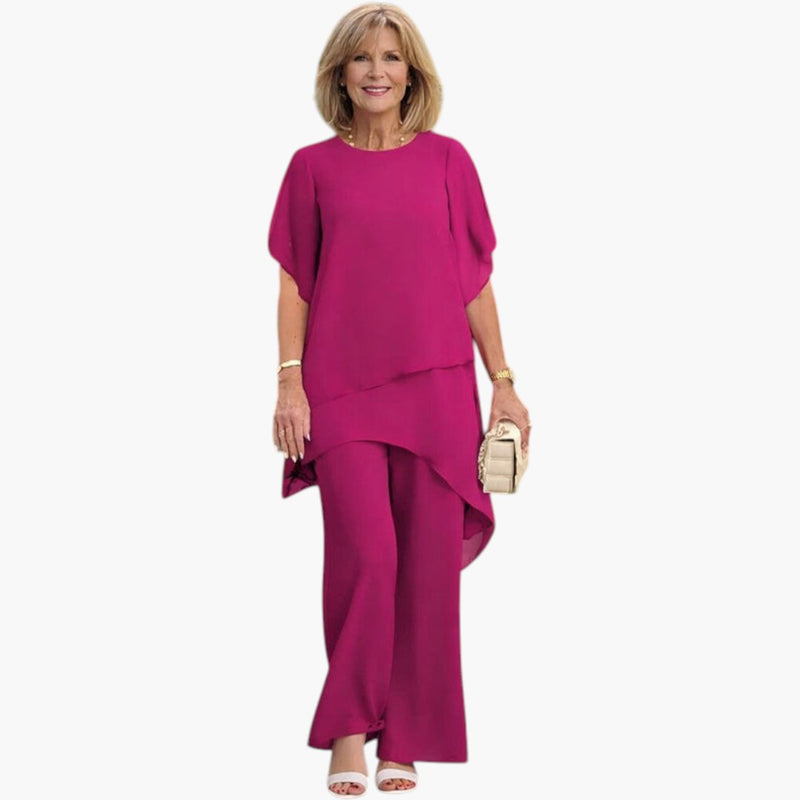 Women's Top and Trousers Set with Asymmetric Hem and Wide Legs