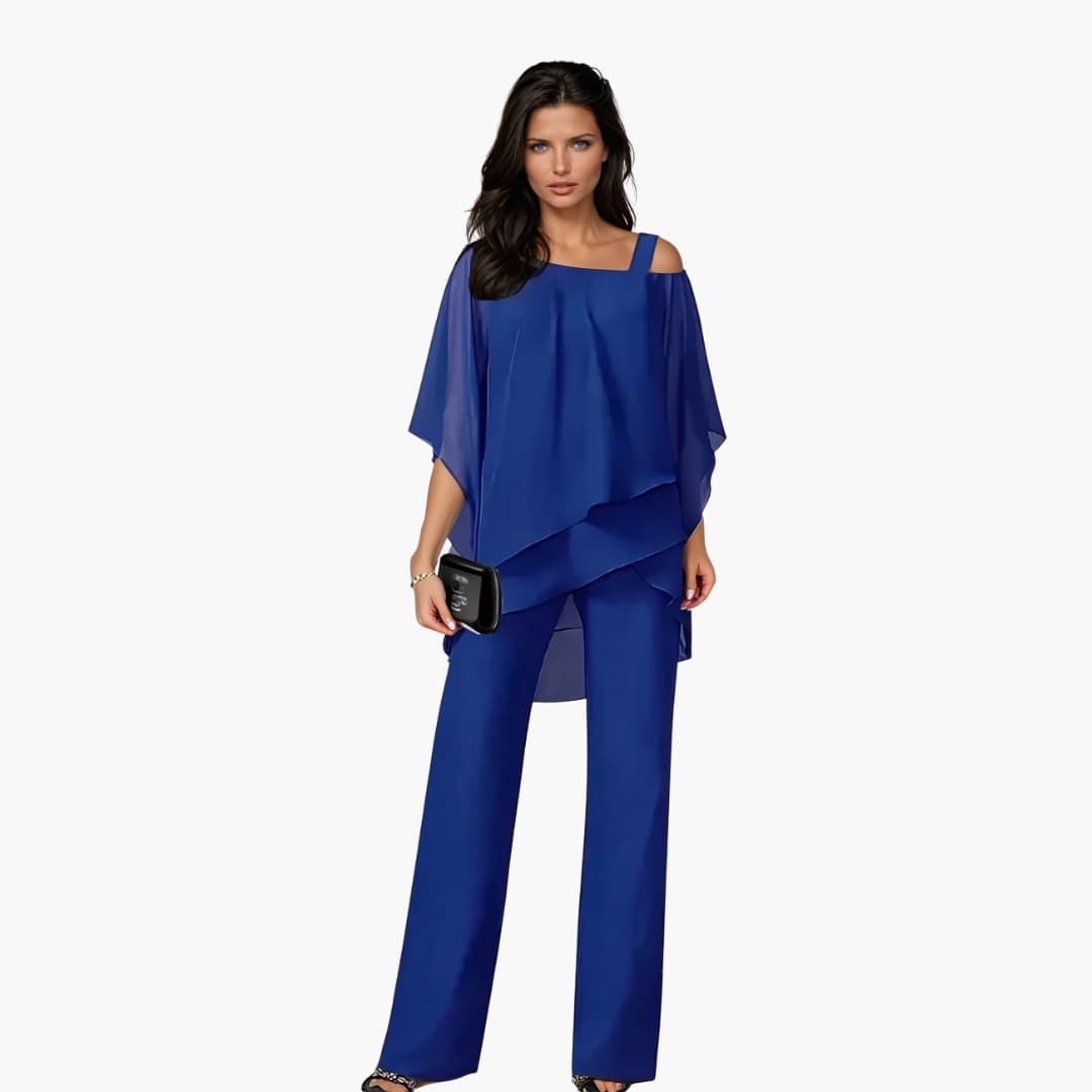 Women's Pants Set with Asymmetrical Top and Layered Design