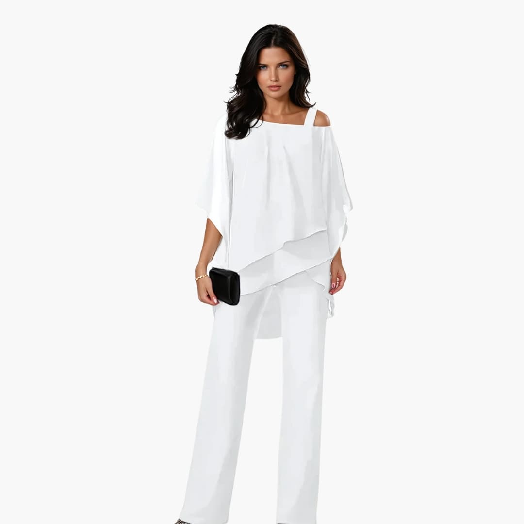 Women's Pants Set with Asymmetrical Top and Layered Design